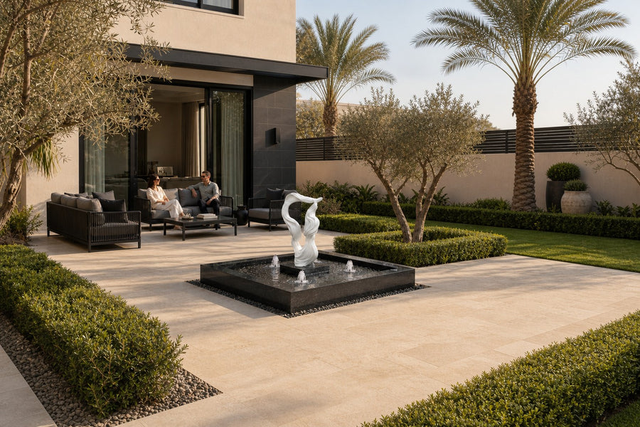 Shiranami — white ribbon fountain in a black square basin, placed in a furnished room