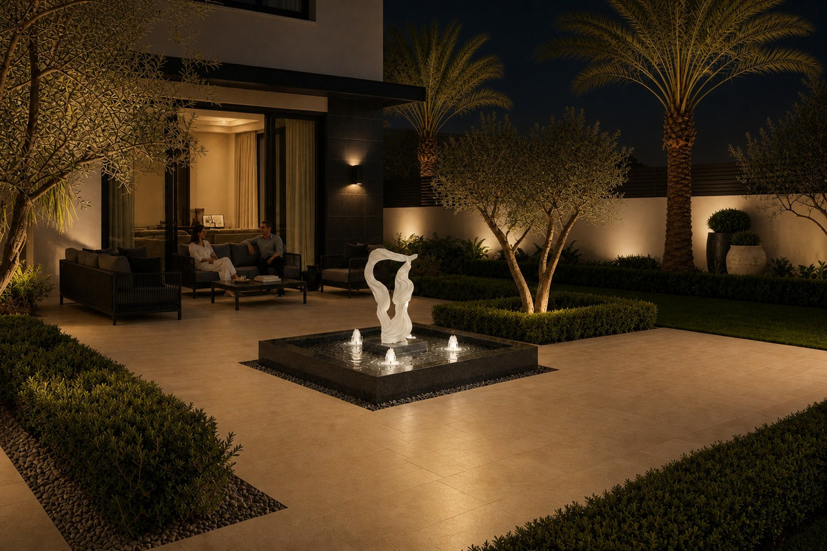 Shiranami — white ribbon fountain in a black square basin, the same room at night, lamps on