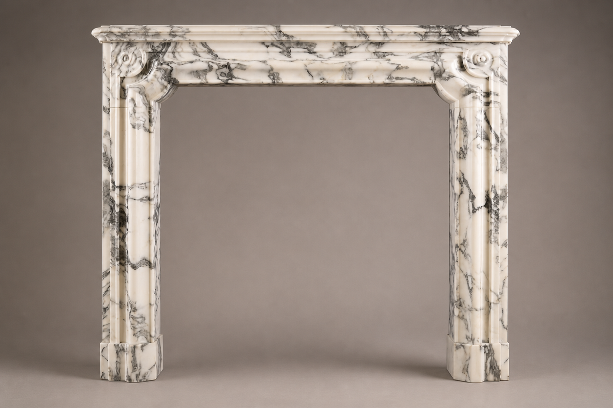 Siena calacatta fireplace, side view showing the profile