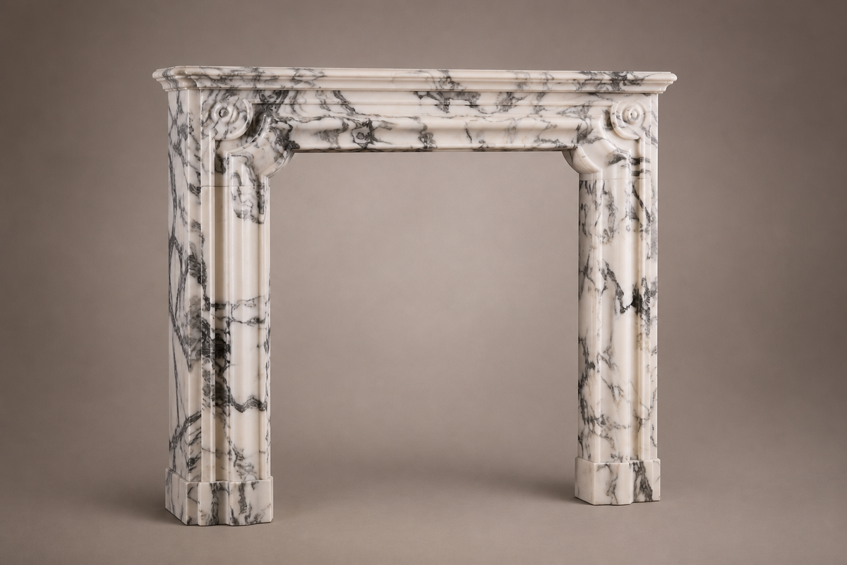 Siena calacatta fireplace, studio view of the whole piece