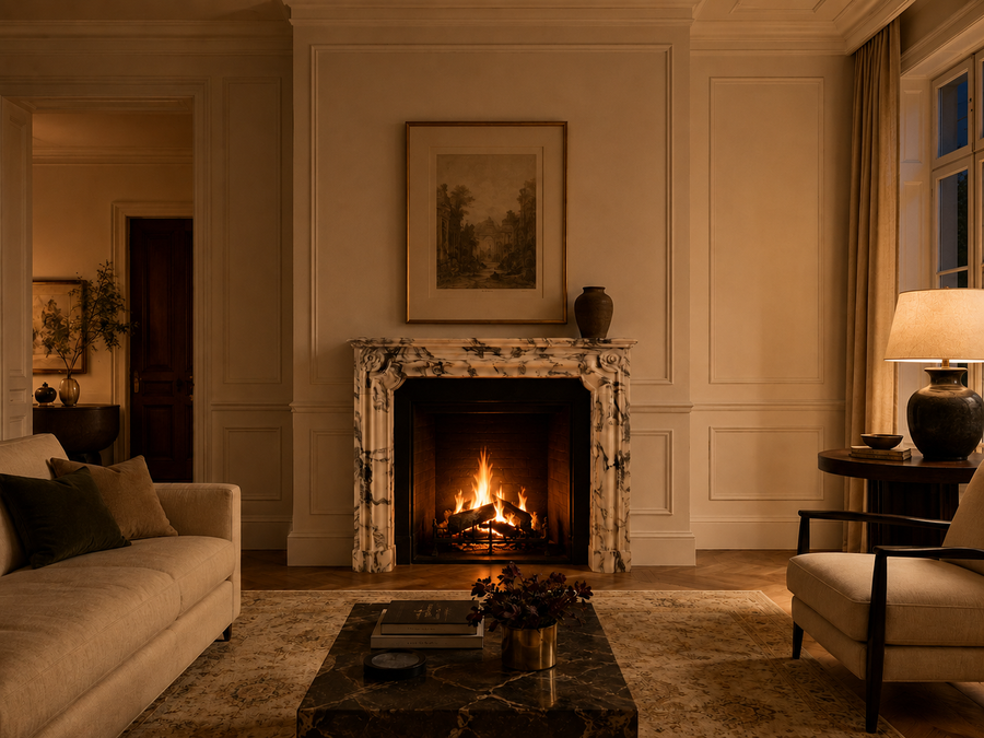 Siena calacatta fireplace, in a room setting under evening light