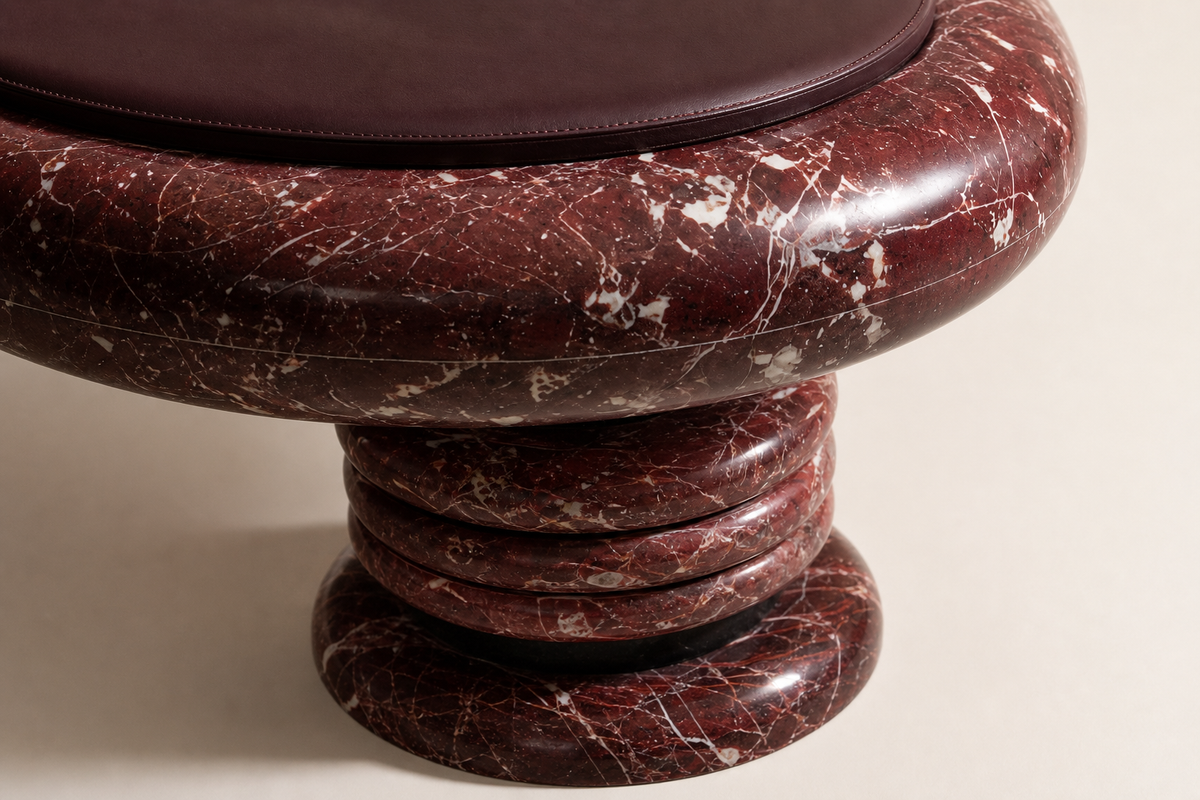 Siesta stone sculptural bench, close studio detail of the surface and material