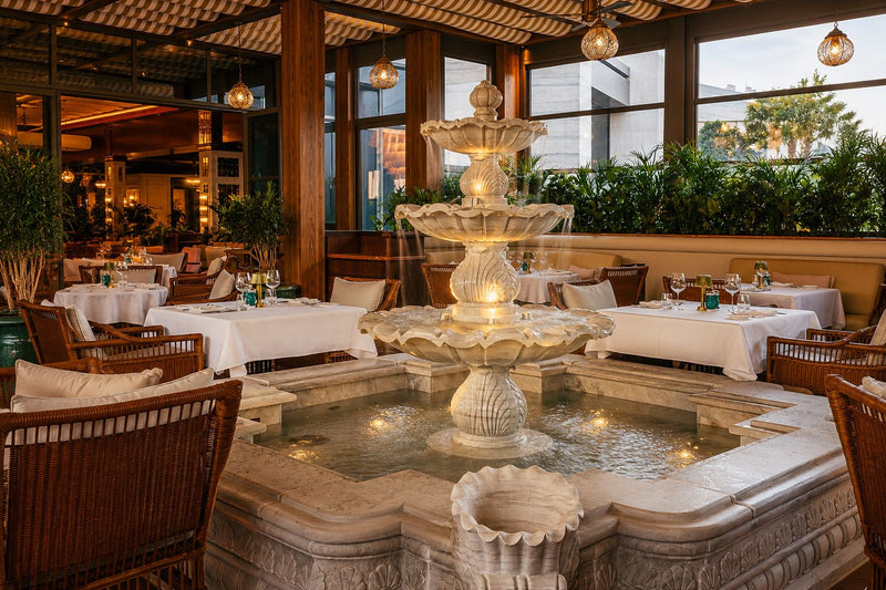 Three-tier marble fountain on a Palm Jumeirah terrace