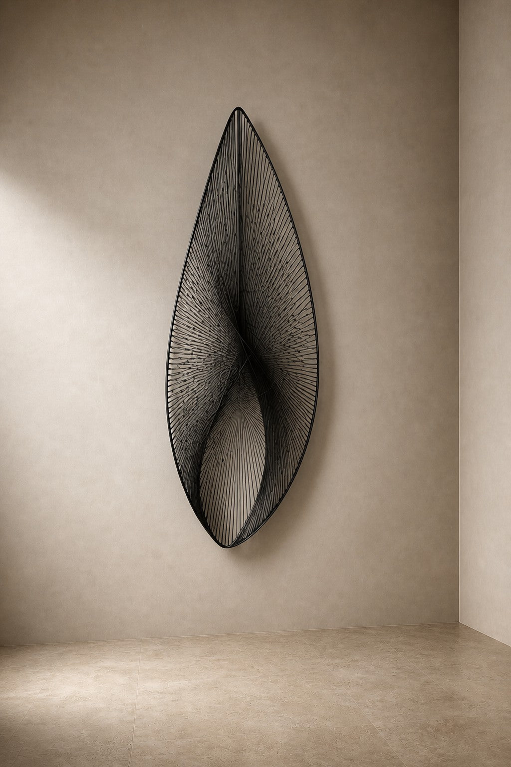 Satin steel steel wall sculpture Punta, a tapered leaf blade on a concealed bracket, on a plaster wall.