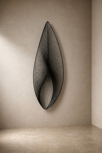 Satin steel steel wall sculpture Punta, a tapered leaf blade on a concealed bracket, on a plaster wall.