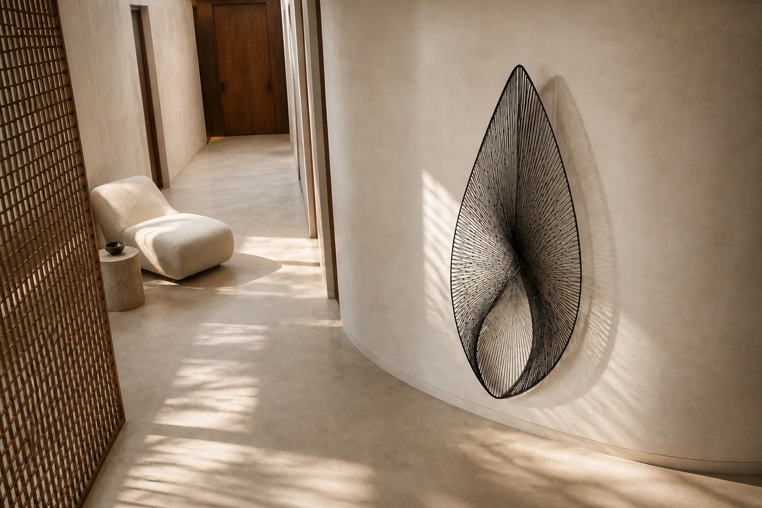 Satin steel steel wall sculpture Punta, a tapered leaf blade on a concealed bracket, on a plaster wall.