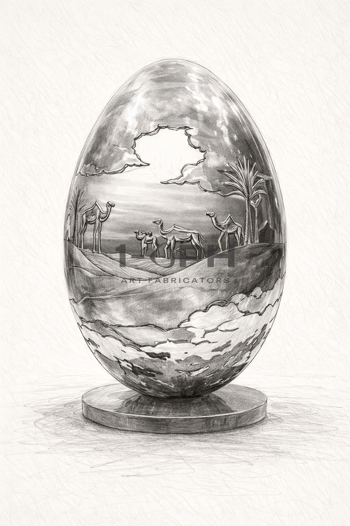 Desert Reverie — Engraved Stainless Steel Egg Sculpture