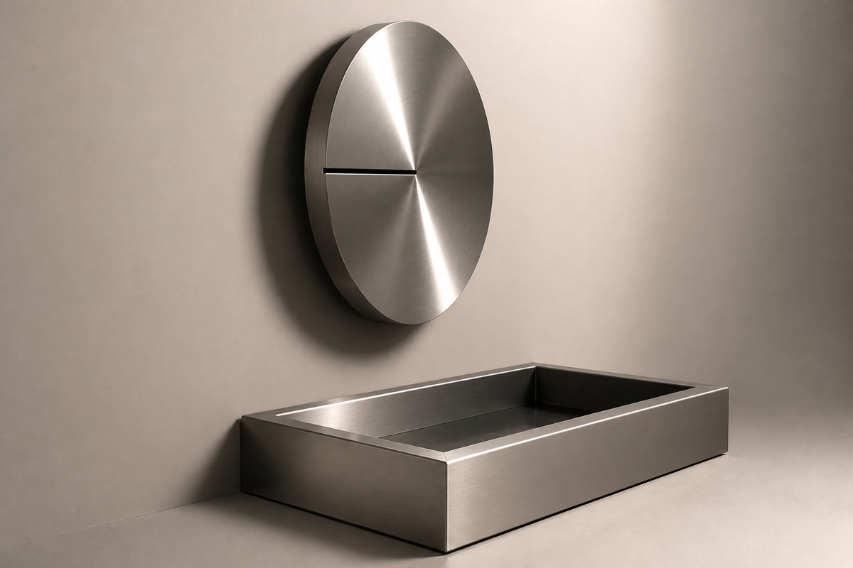 Solace — Ø 100 cm brushed stainless disc wall fountain, studio side angle showing its depth