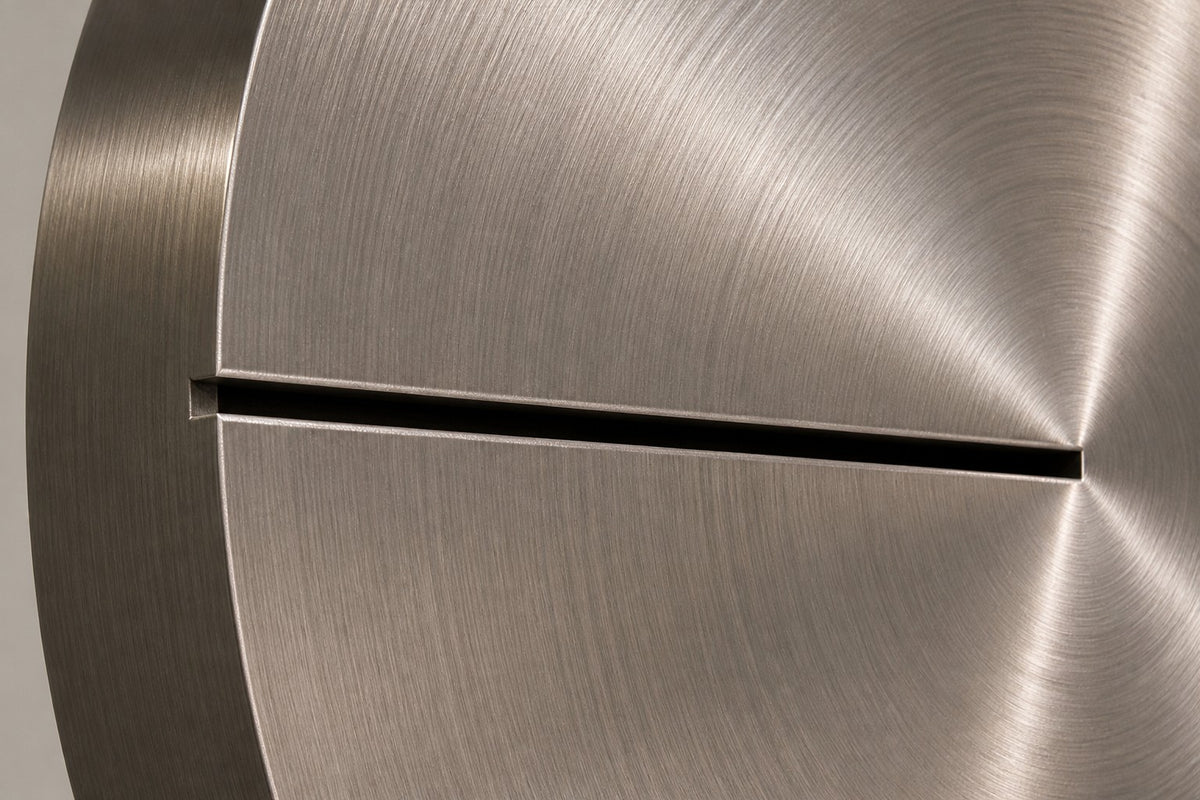 Solace — Ø 100 cm brushed stainless disc wall fountain, close detail of the surface and edge