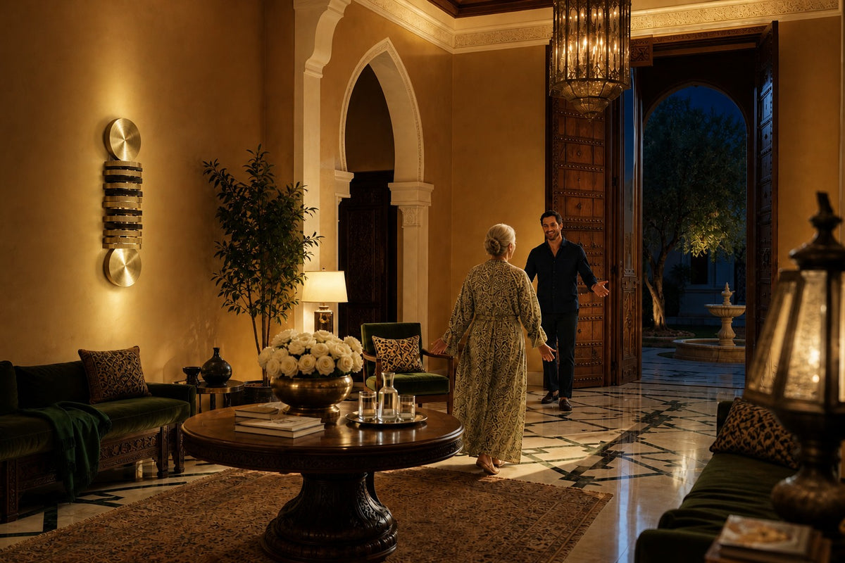 Solana — vertical brass and bronze disc column wall sculpture, the same room at night, lamps on