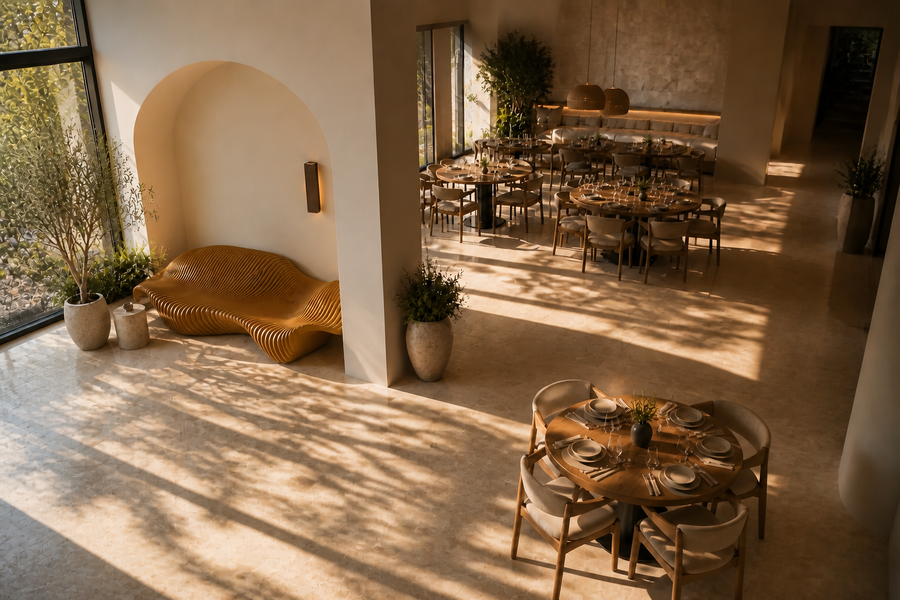 SOLAR STRATA BENCH XXIII, overhead view in a room setting