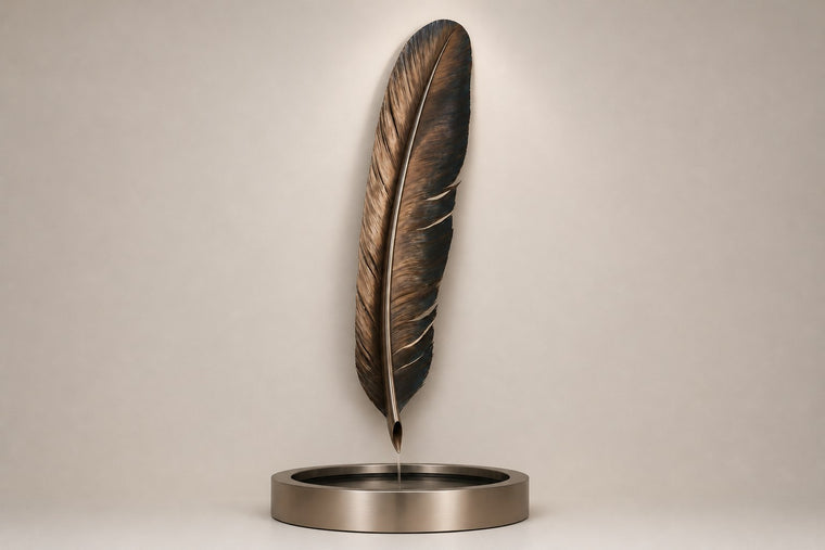 Solenne — bronze feather wall fountain, studio front view