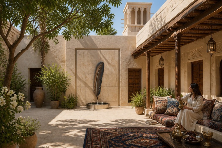 Solenne — bronze feather wall fountain, installed on the wall in a furnished setting