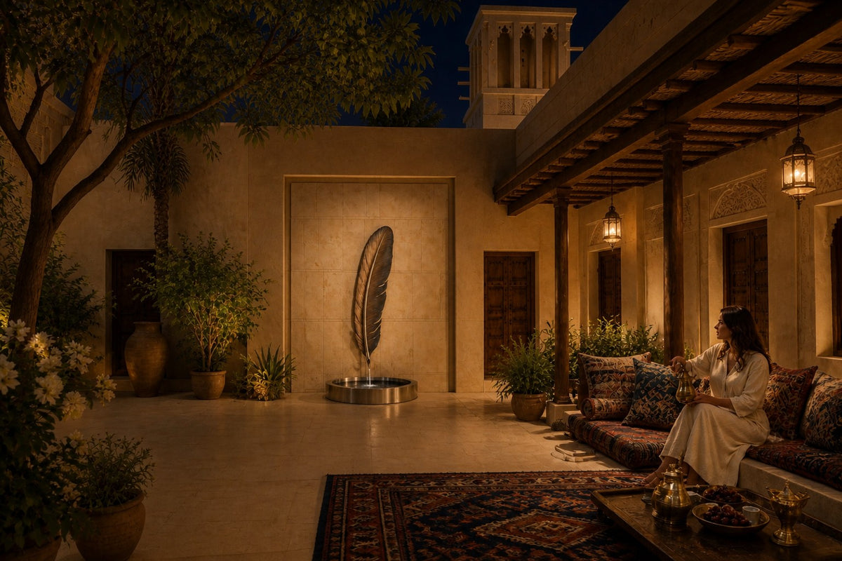 Solenne — bronze feather wall fountain, the same setting at night, water lit