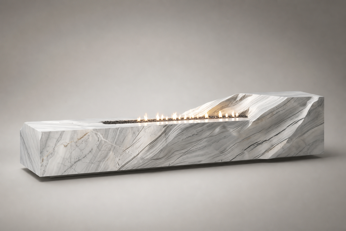 Solstice marble fireplace, studio view of the whole piece