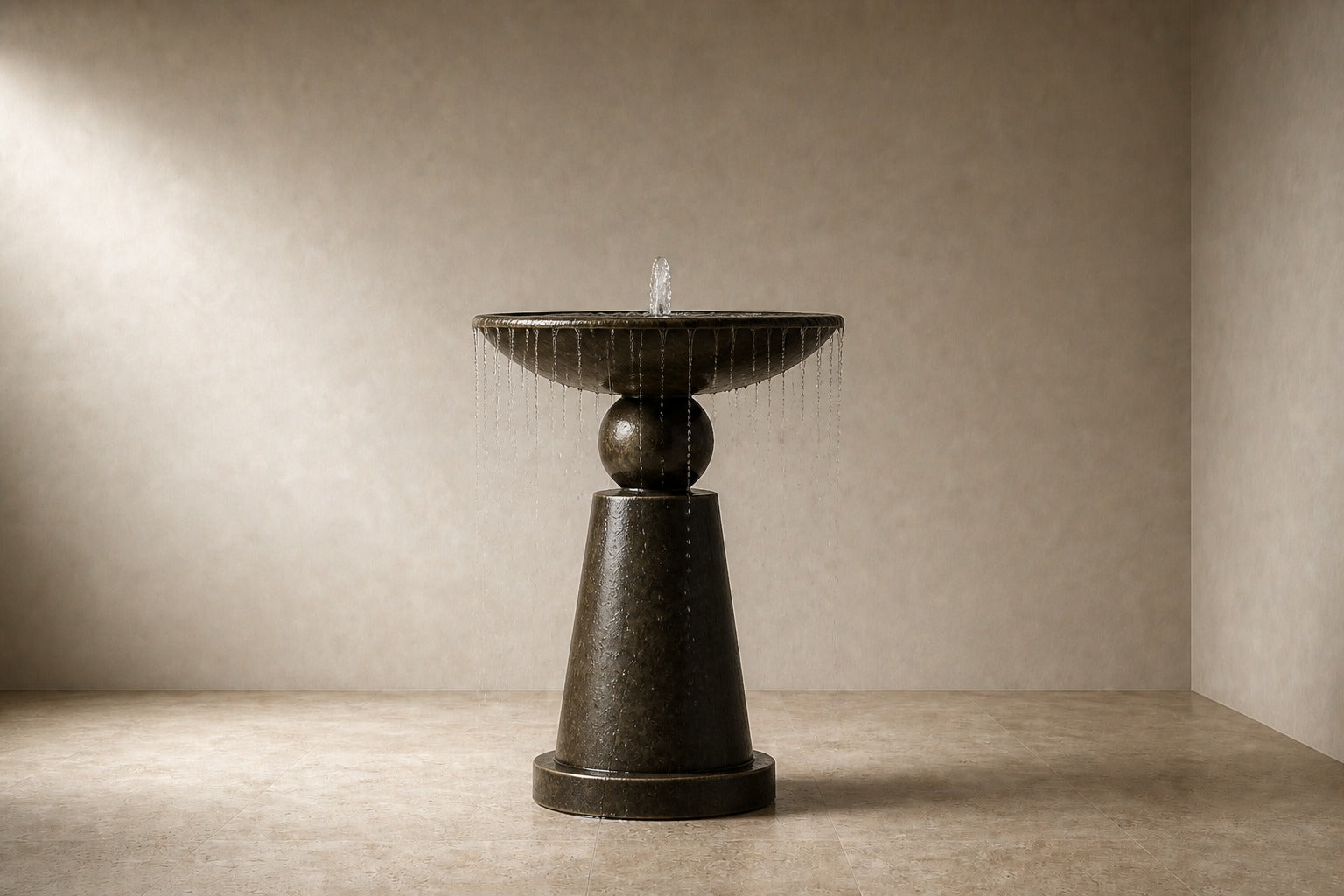Dark marble pedestal fountain Sombra Ø65, dark olive-bronze, on a pale stone floor.