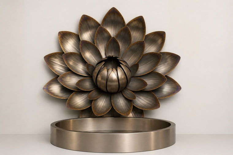 Sora — bronze lotus wall fountain, studio front view