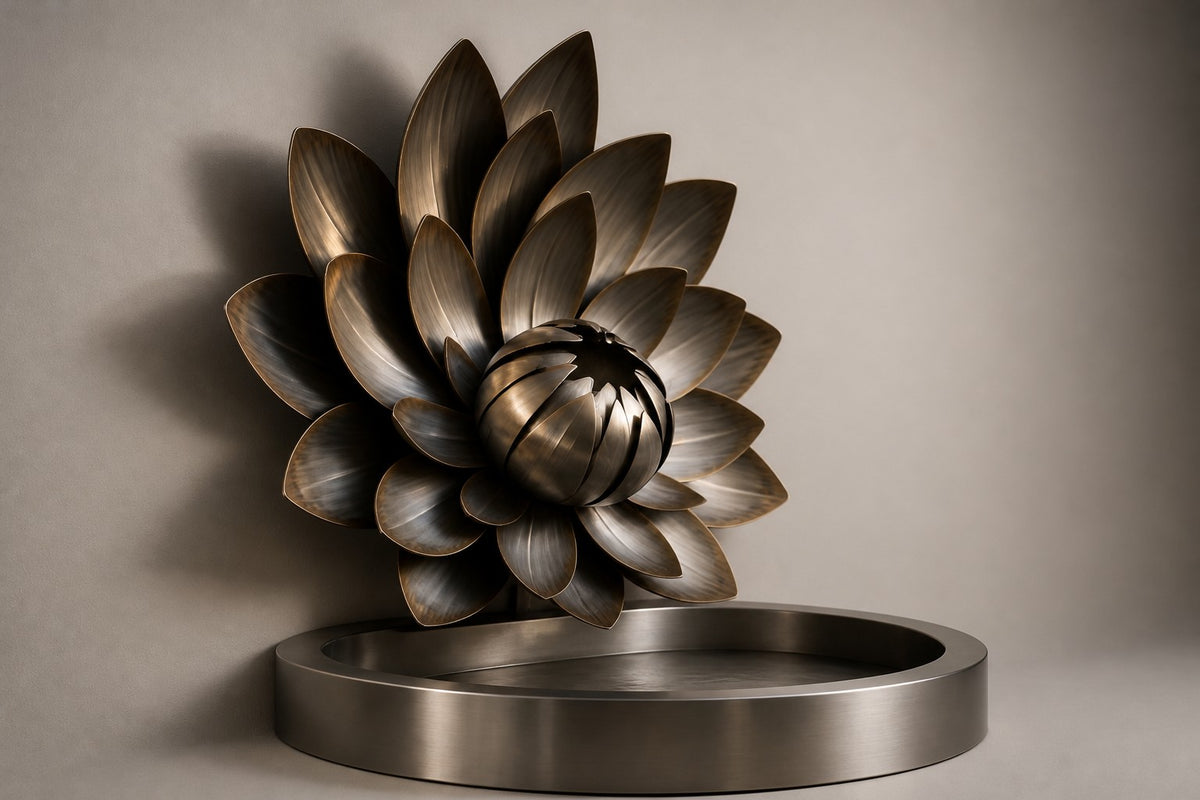 Sora — bronze lotus wall fountain, studio side angle showing its depth