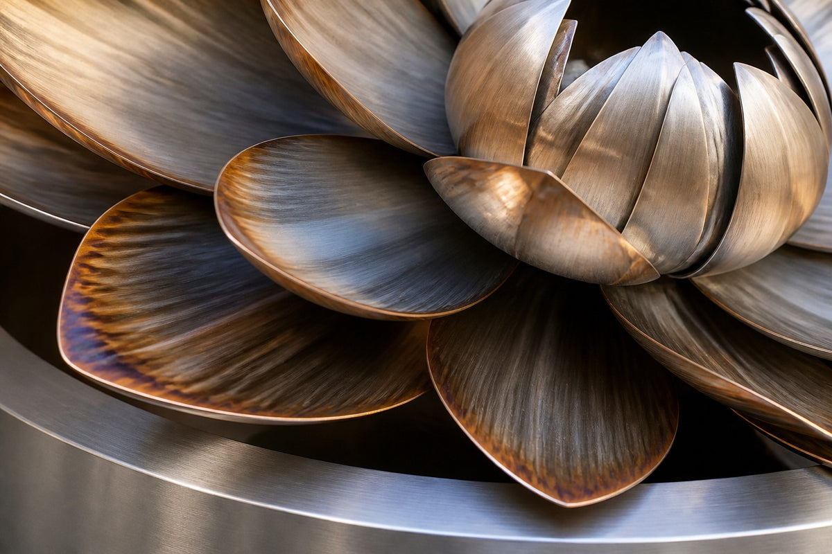 Sora — bronze lotus wall fountain, close detail of the surface and edge