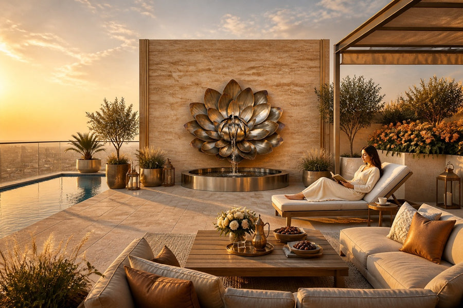 Sora — bronze lotus wall fountain, installed on the wall in a furnished setting