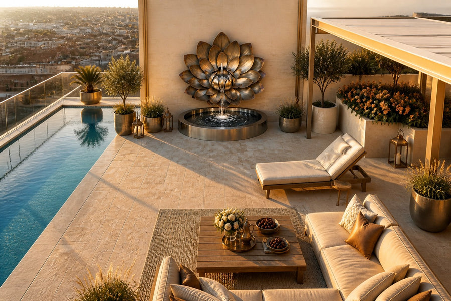 Sora — bronze lotus wall fountain, seen from above in the setting