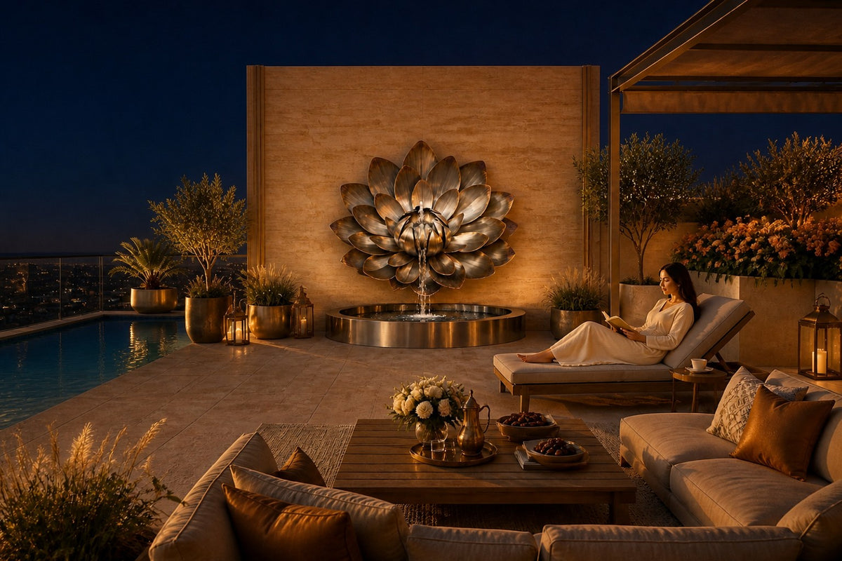 Sora — bronze lotus wall fountain, the same setting at night, water lit