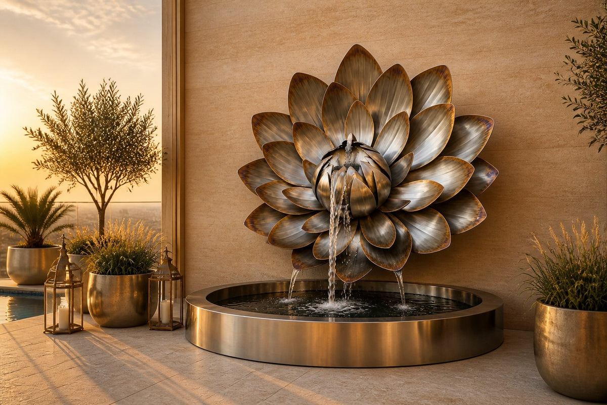 Sora — bronze lotus wall fountain, close view on the wall with water running