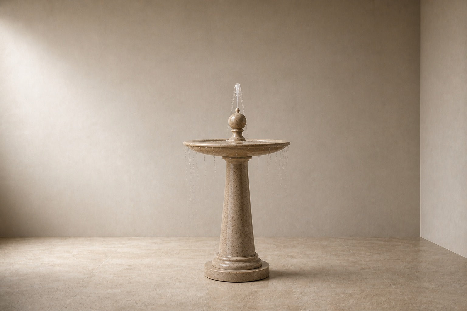 Pale limestone pedestal fountain Sorgia Ø65, warm cream with fine speckle, on a pale stone floor.