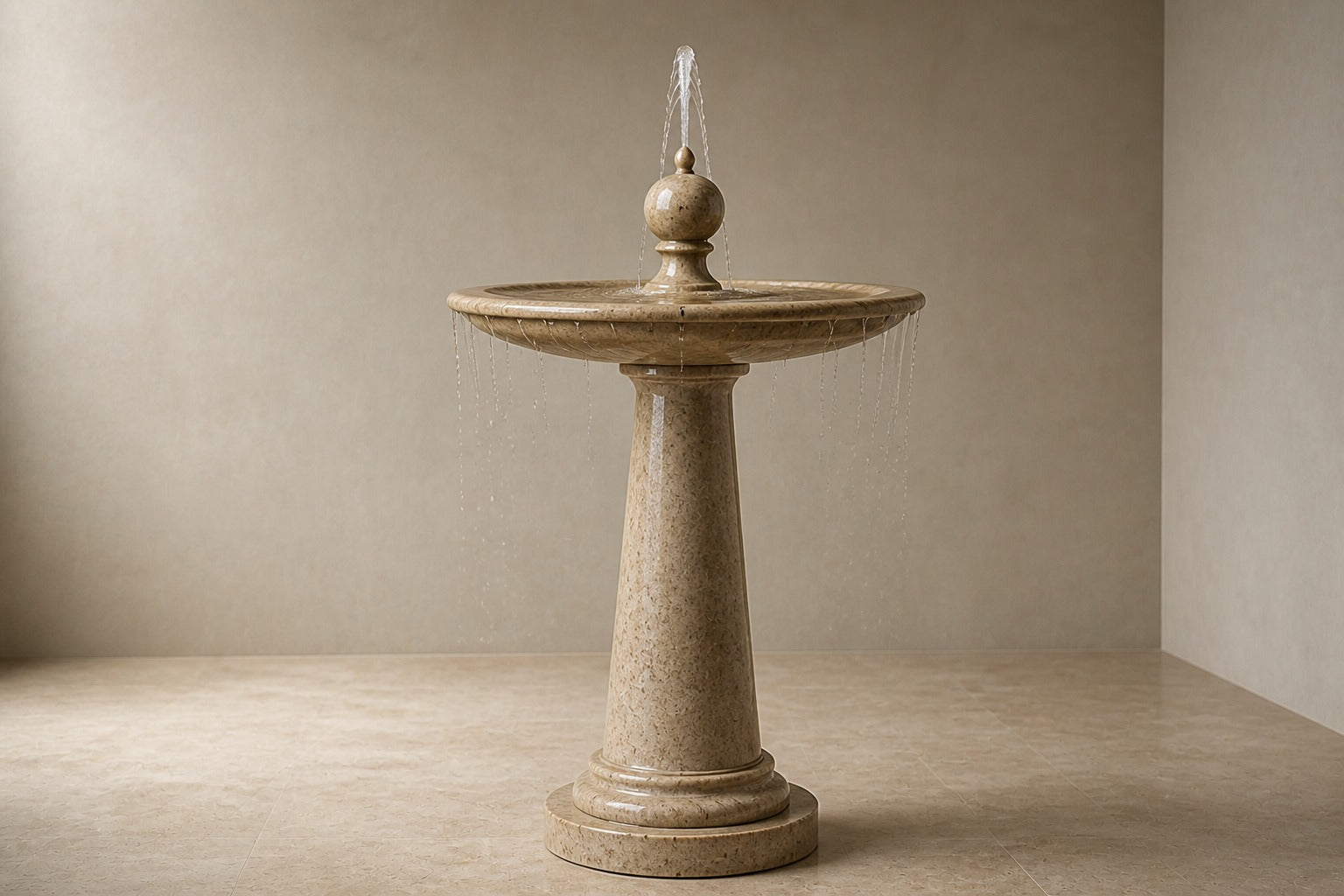 Pale limestone pedestal fountain Sorgia Ø65, warm cream with fine speckle, on a pale stone floor.