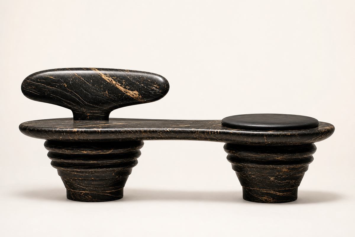 Sosta stone sculptural bench, studio view of the whole piece