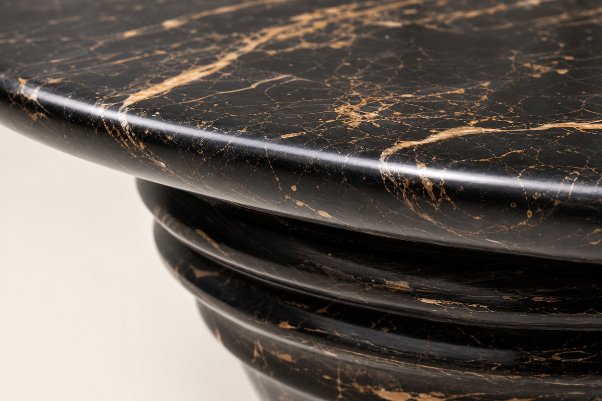 Sosta stone sculptural bench, close studio detail of the surface and material