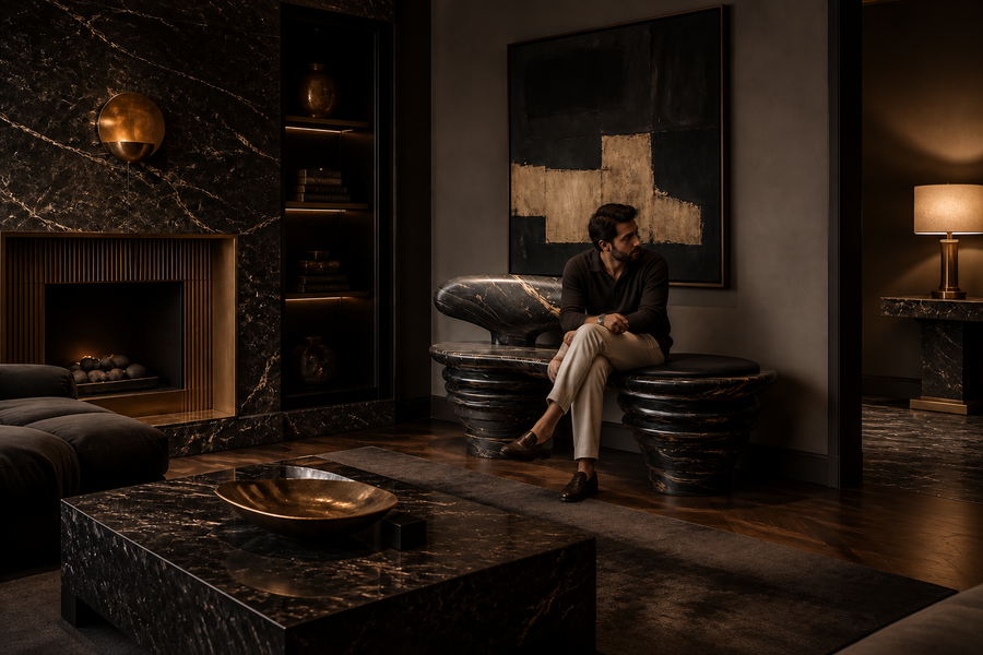 Sosta stone sculptural bench, shown in a room setting, at full scale