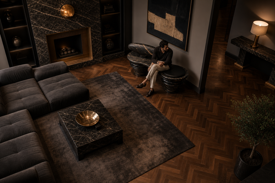 Sosta stone sculptural bench, overhead view in a room setting