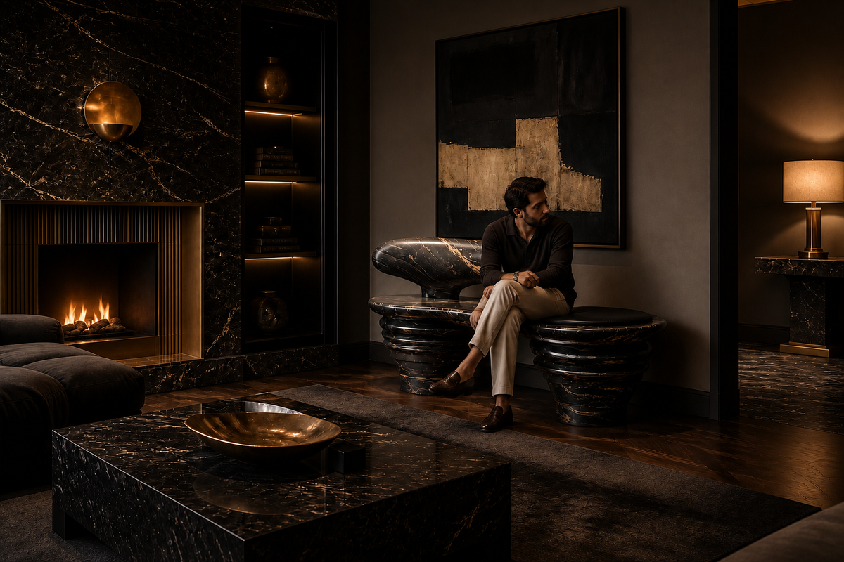 Sosta stone sculptural bench, in a room setting under evening light