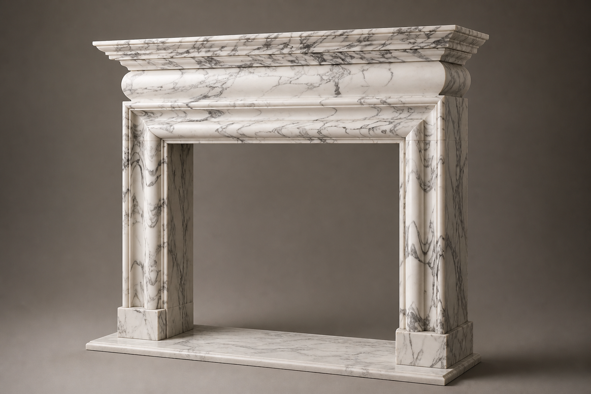Sostara calacatta fireplace, studio view of the whole piece
