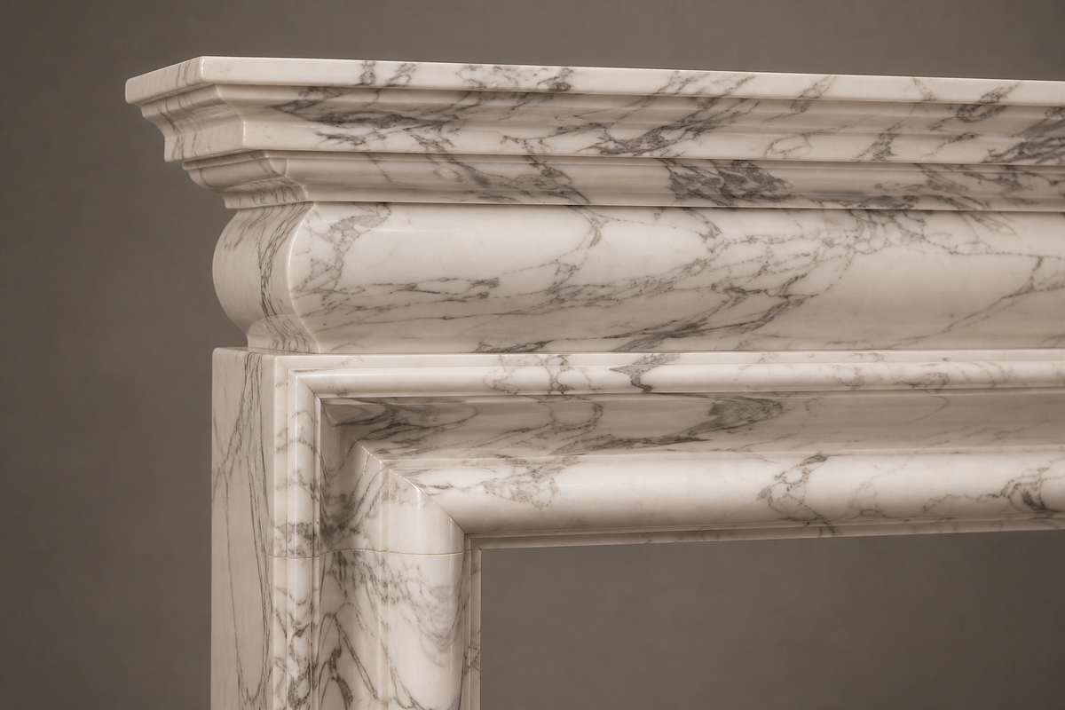 Sostara calacatta fireplace, close studio detail of the surface and material