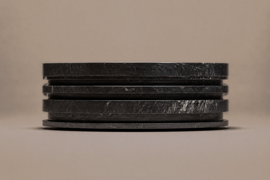 Stacked Disc Base Deep black marble plinth base by 1-OPH, side elevation