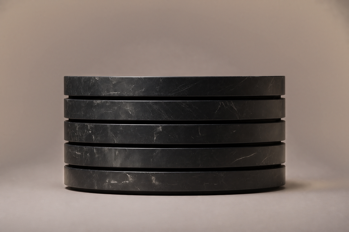Stacked Disc Base Slim black marble plinth base by 1-OPH, side elevation