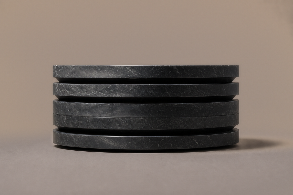 Stacked Disc Base Wide black marble plinth base by 1-OPH, side elevation