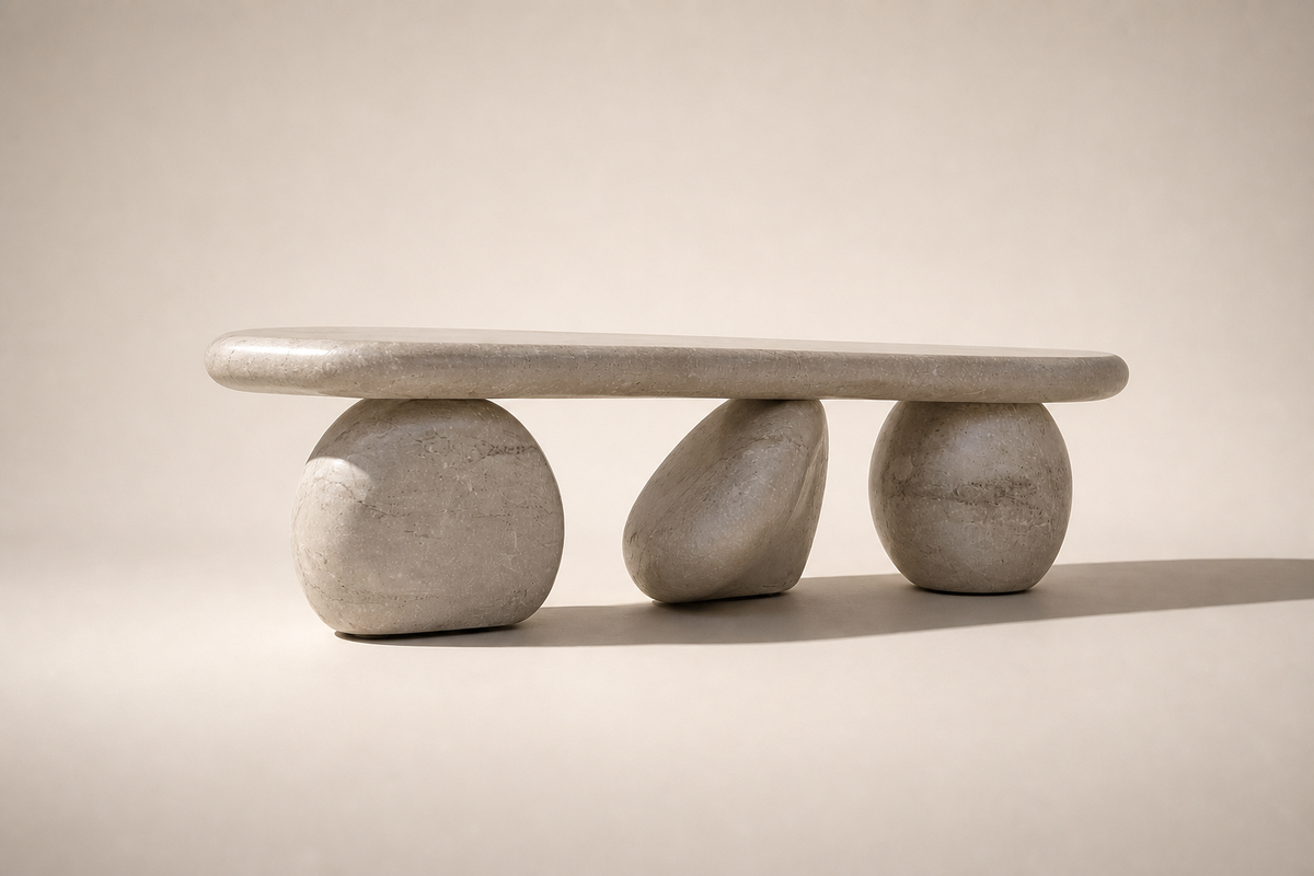 Stanza marble sculptural bench, three-quarter studio view showing its profile