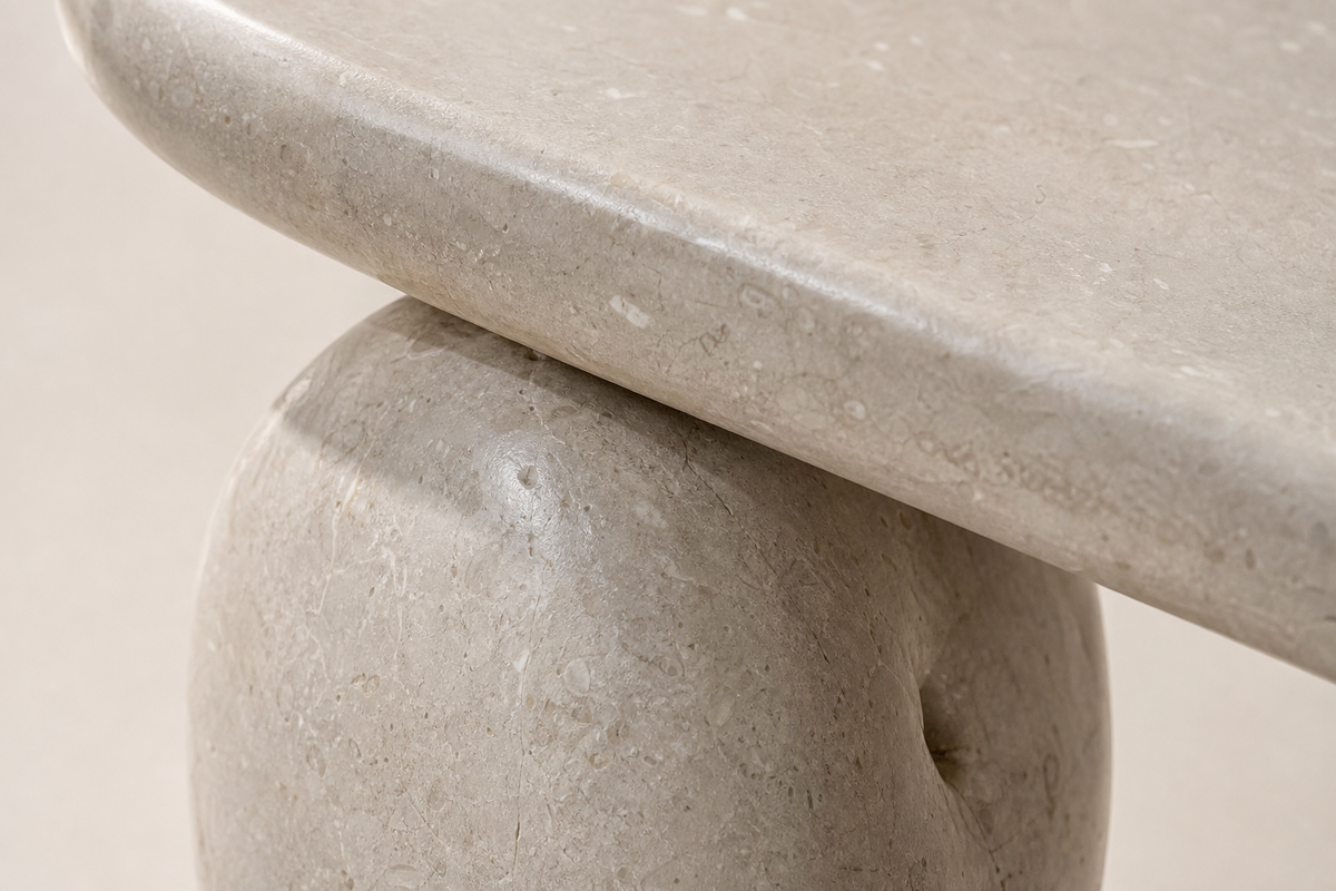 Stanza marble sculptural bench, close studio detail of the surface and material