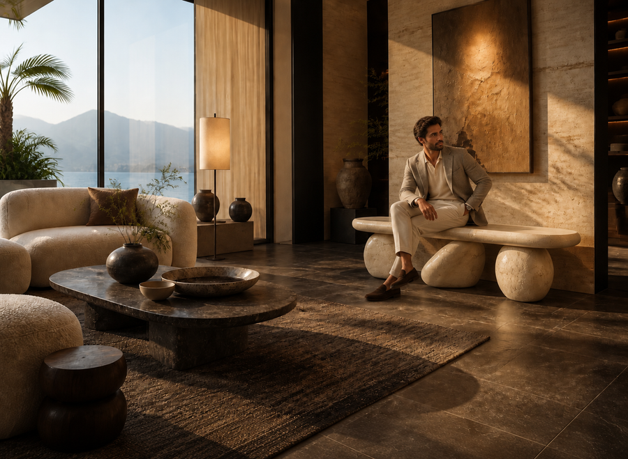 Stanza marble sculptural bench, shown in a room setting, at full scale