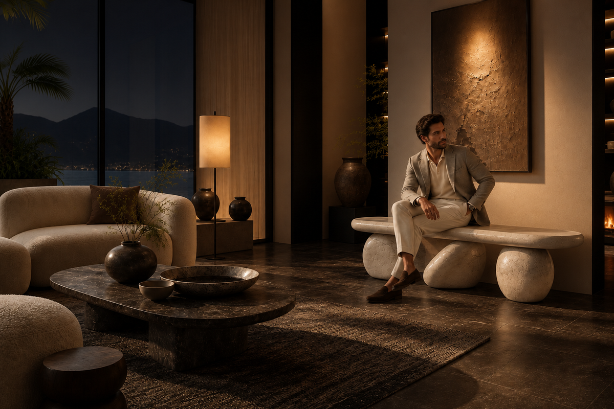 Stanza marble sculptural bench, in a room setting under evening light