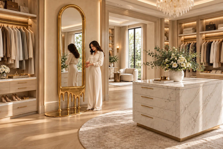 Stilla — tall arched floor mirror whose champagne brass frame melts into drips, installed on the wall of a furnished room