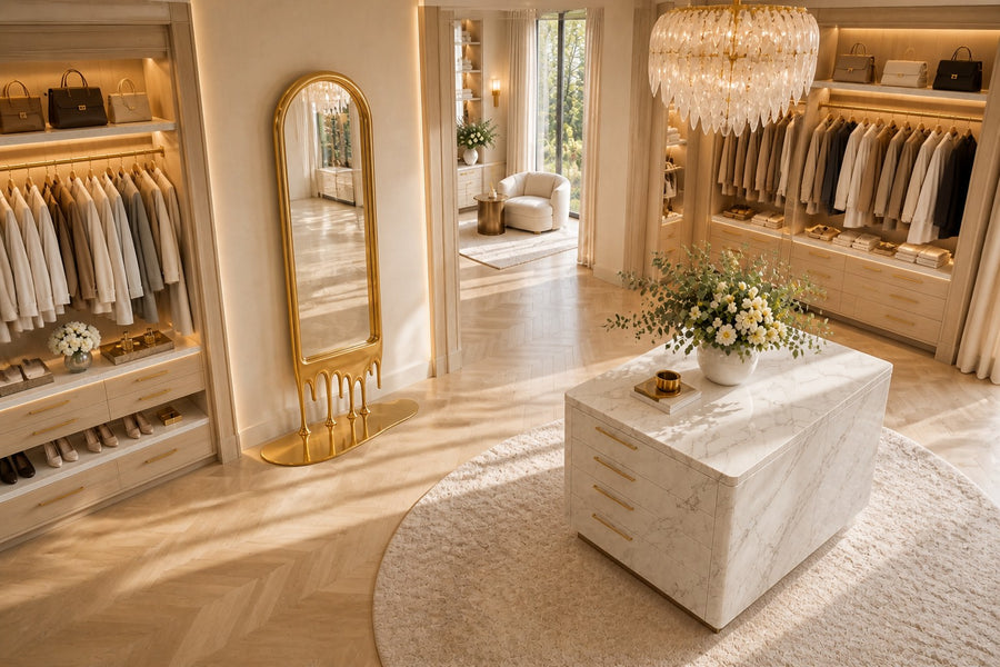 Stilla — tall arched floor mirror whose champagne brass frame melts into drips, seen from above in the room