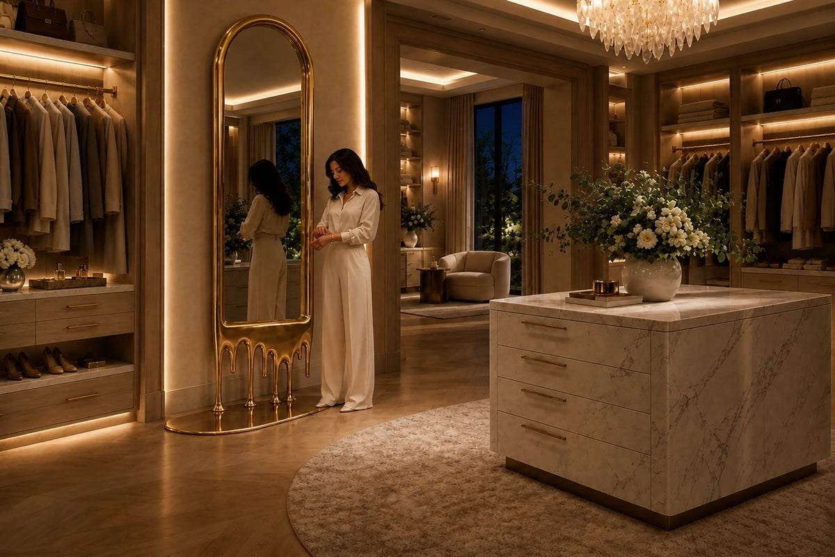 Stilla — tall arched floor mirror whose champagne brass frame melts into drips, the same room at night, lamps on