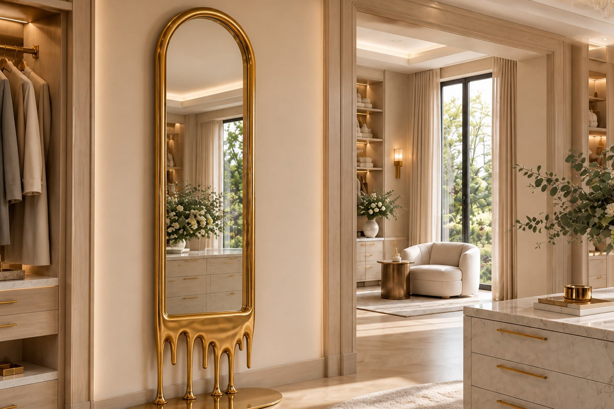 Stilla — tall arched floor mirror whose champagne brass frame melts into drips, close view on the wall