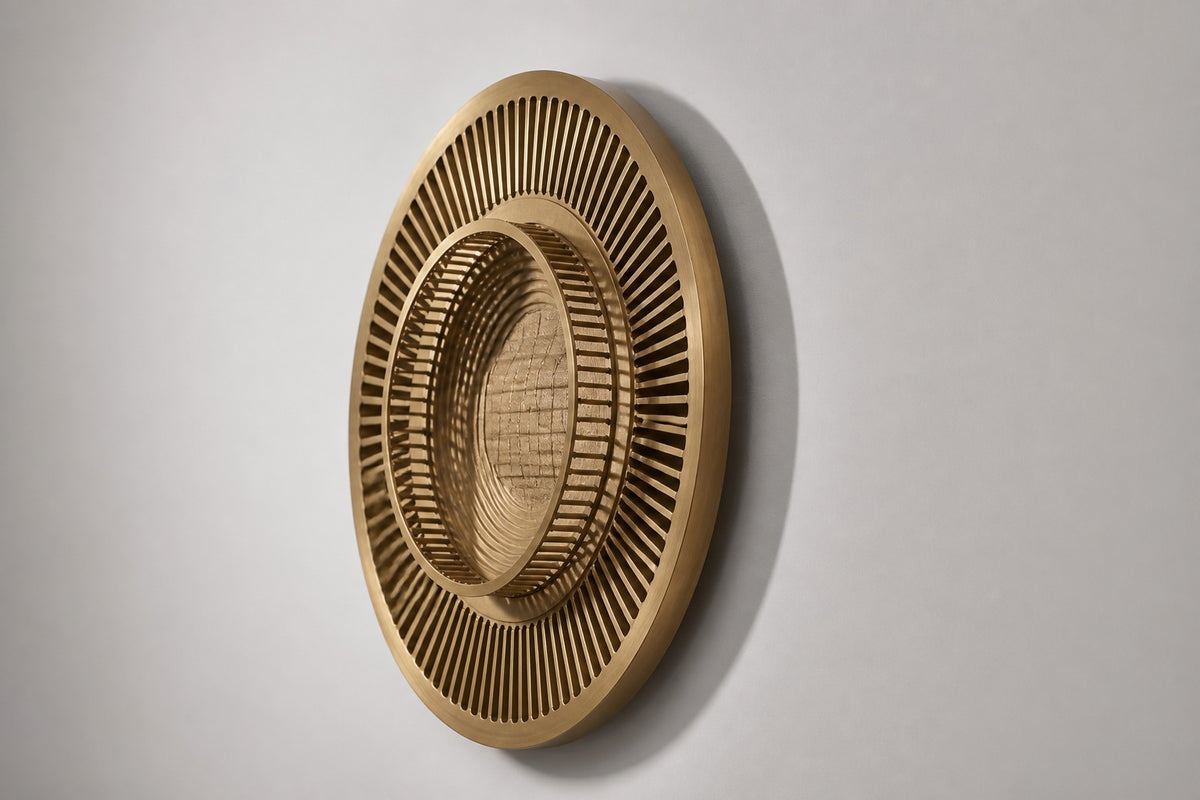 Stoa — Ø 200 cm brushed brass circular wall relief with a ring of slender columns around an engraved floor, three-quarter studio view showing its profile