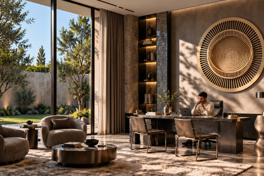 Stoa — Ø 200 cm brushed brass circular wall relief with a ring of slender columns around an engraved floor, placed in a furnished room