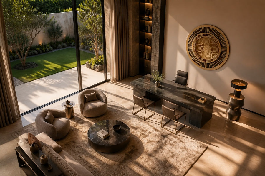 Stoa — Ø 200 cm brushed brass circular wall relief with a ring of slender columns around an engraved floor, seen from above in the room